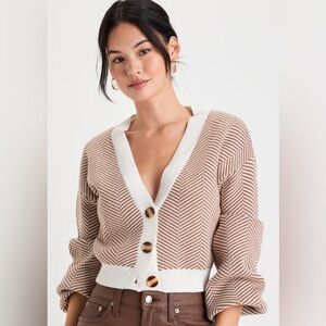 Lulu’s Here Comes a Holiday Brown and White Striped Button-Up Cardigan Large